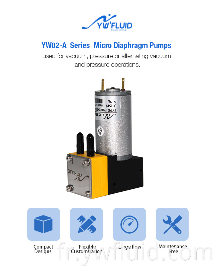 YWFluid 12V / 24V Micro / Mini Diaphragm Air Pompe avec moteur CC utilisé pour le dosage liquide